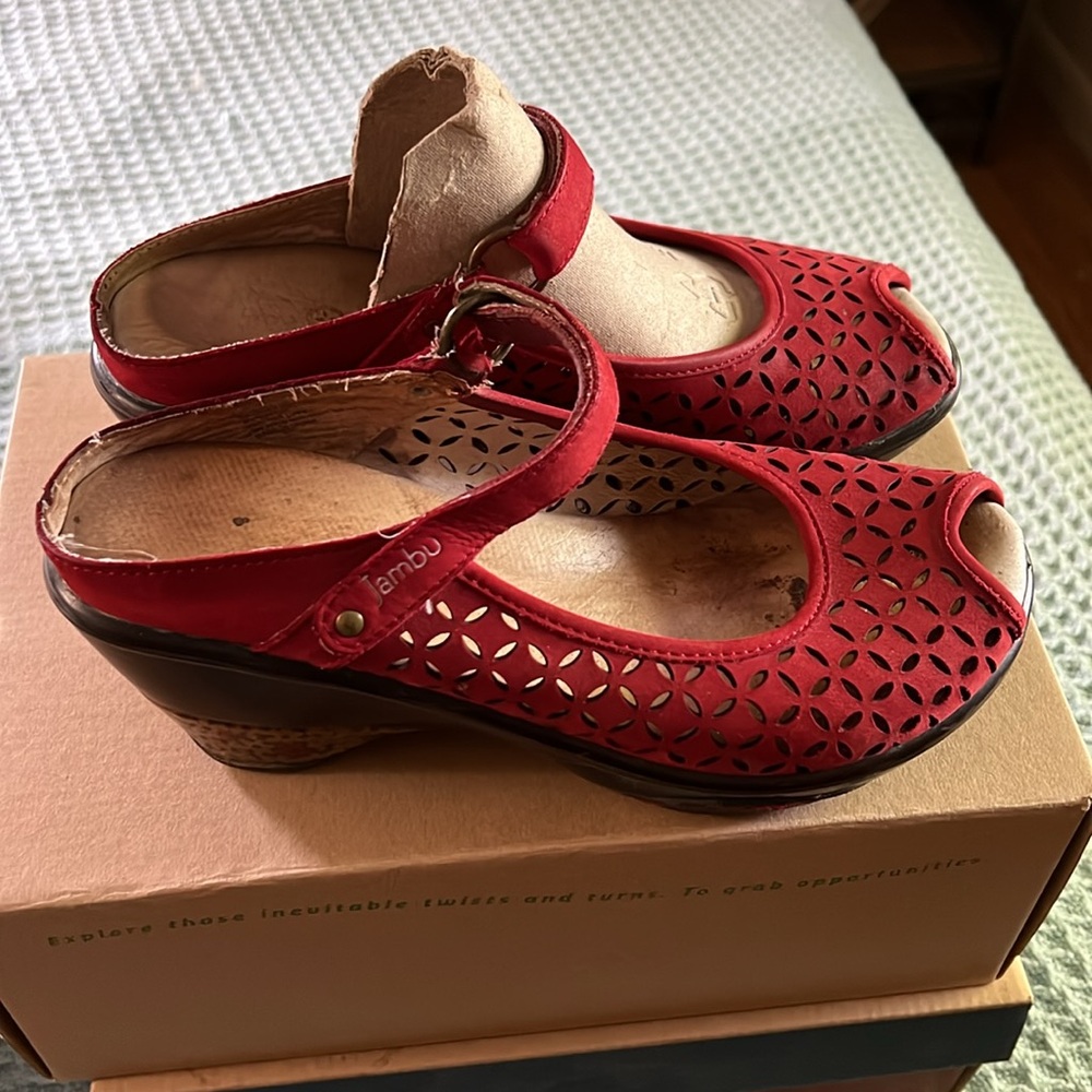 Jambu Red Mules with Perforated Design and Ankle Strap - Picture 2 of 6